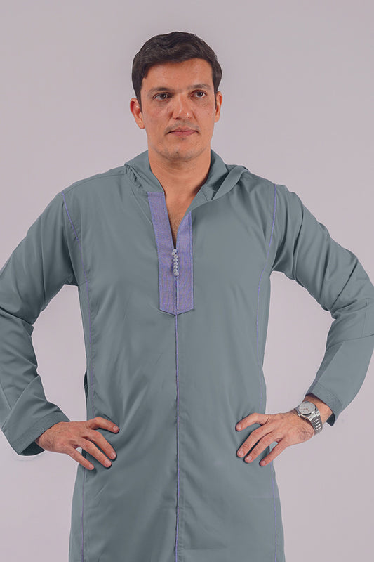 Aamsah's Hooded Dusty Blue Thobe, a stylish alternative to traditional styles from The Muslimah Collection, perfect for modern fashion-forward men.