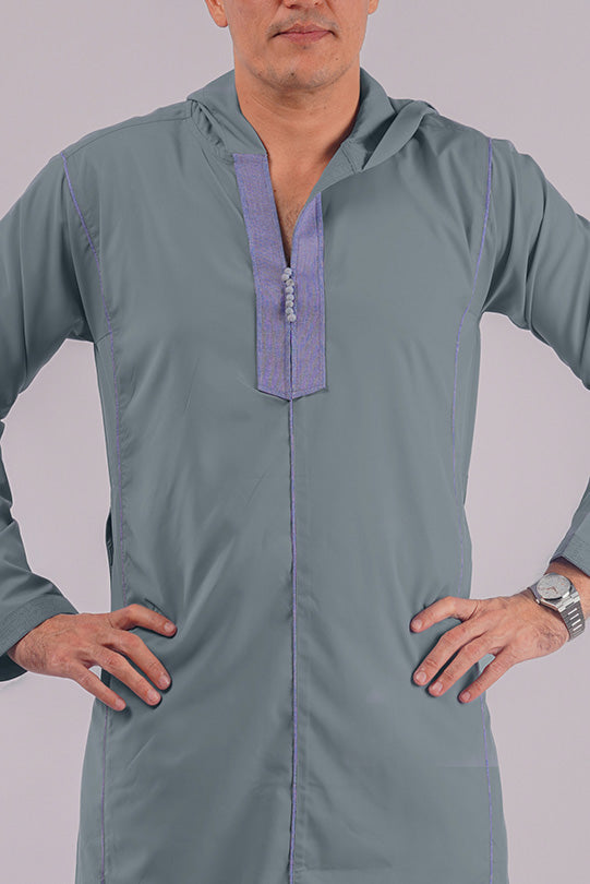 Shop Aamsah’s Hooded Dusty Blue Thobe, offering a unique aesthetic compared to Royal Thobes, ideal for both casual and formal settings.