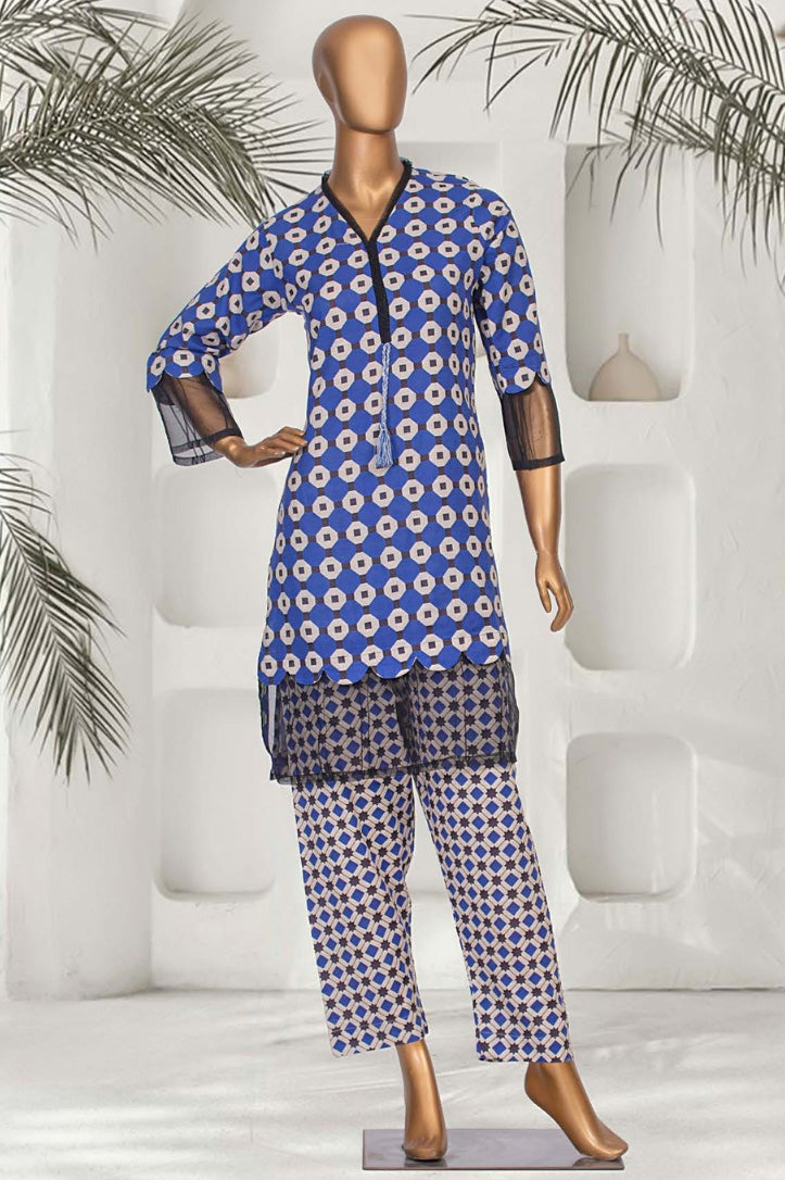 Sophisticated celestial and white geometric patterned kurta set for stylish Pakistani women's attire