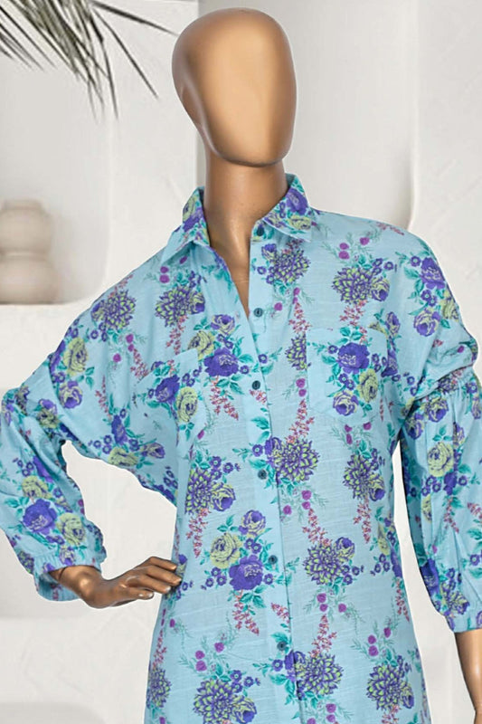Traditional Pakistani fashion serenity blue floral printed kurta with matching pants set.
