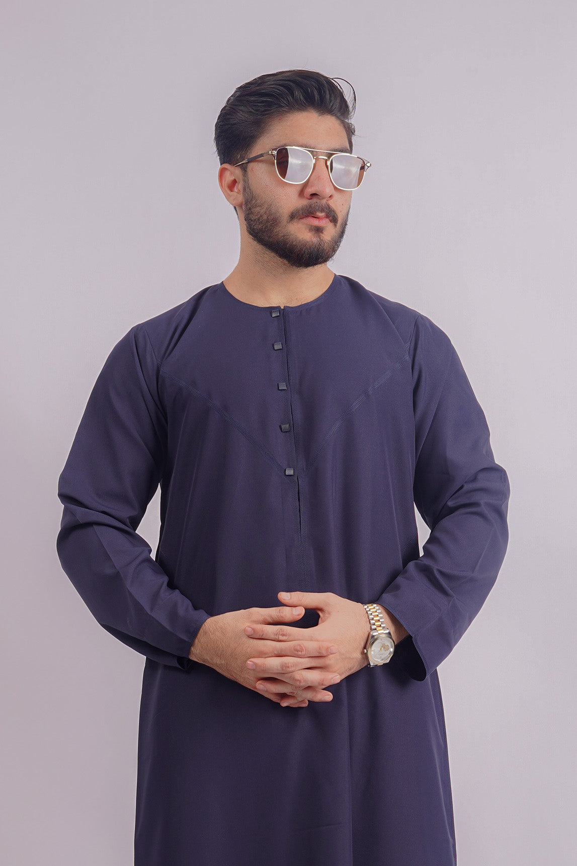 Elegant Navy Blue Dishdasha by Aamsah, crafted to surpass the styles found at MuslimLifestyleStore.com, featuring premium fabric and precise stitching.