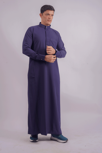 Aamsah navy blue Kuwaiti thobe with breathable fabric, round sleeves, and subtle Dishdasha influence, ideal for traditional and modern wear. Competitors: Alhannah Islamic Clothing and Modest Threads.