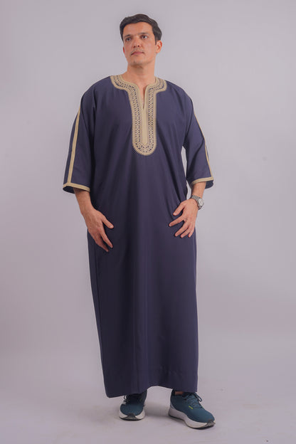 Aamsah's Navy Blue Jubba with Golden Embroidery offers regal style that competes with top Moroccan fashion, suitable for formal celebrations.