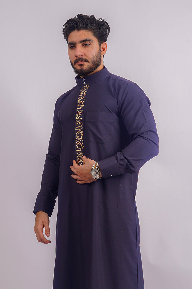 Classic Navy Blue Saudi Thobe by Aamsah, designed to outshine similar garments from Shukr Clothing and Alqamees in both style and comfort.