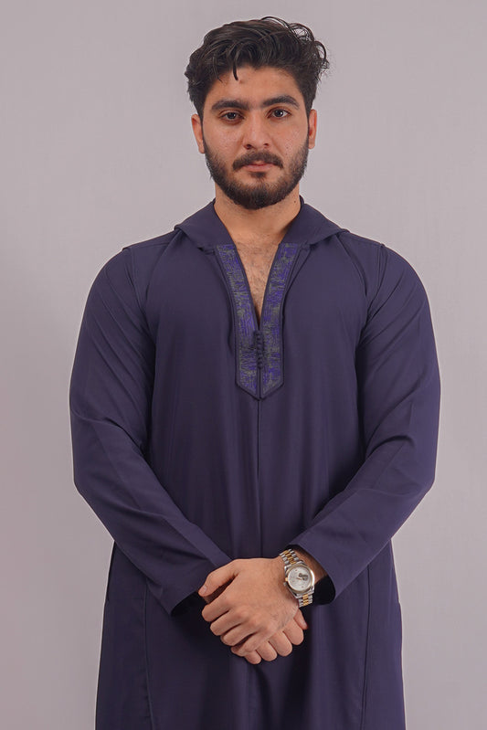 Aamsah's Hooded Navy Blue Thobe, setting new style benchmarks, comparable to offerings from The Muslimah Collection, perfect for the modern Muslim man.