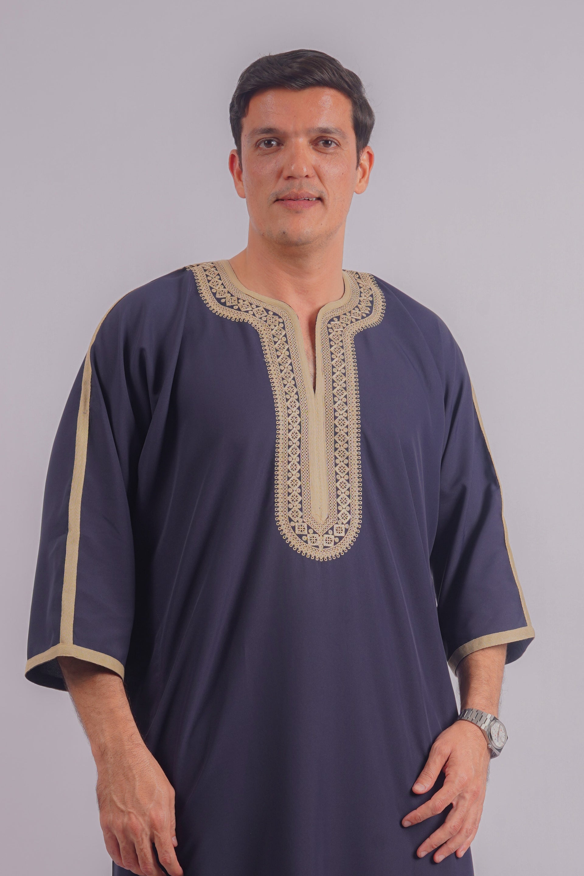 Navy Blue Moroccan Thobe with Golden Embroidery