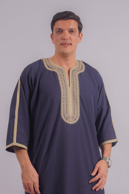 Aamsah's Navy Blue Moroccan Thobe with Golden Embroidery, showcasing traditional Djellaba elegance, perfect for formal and cultural events.