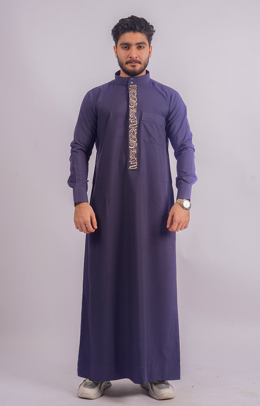 Navy Blue Saudi Thobe by Aamsah, featuring traditional design with a modern twist, perfect for formal and religious events, rivaling Alqamees and Shukr Clothing.