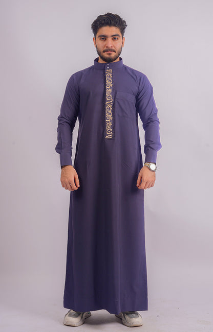 Navy Blue Saudi Thobe by Aamsah, featuring traditional design with a modern twist, perfect for formal and religious events, rivaling Alqamees and Shukr Clothing.