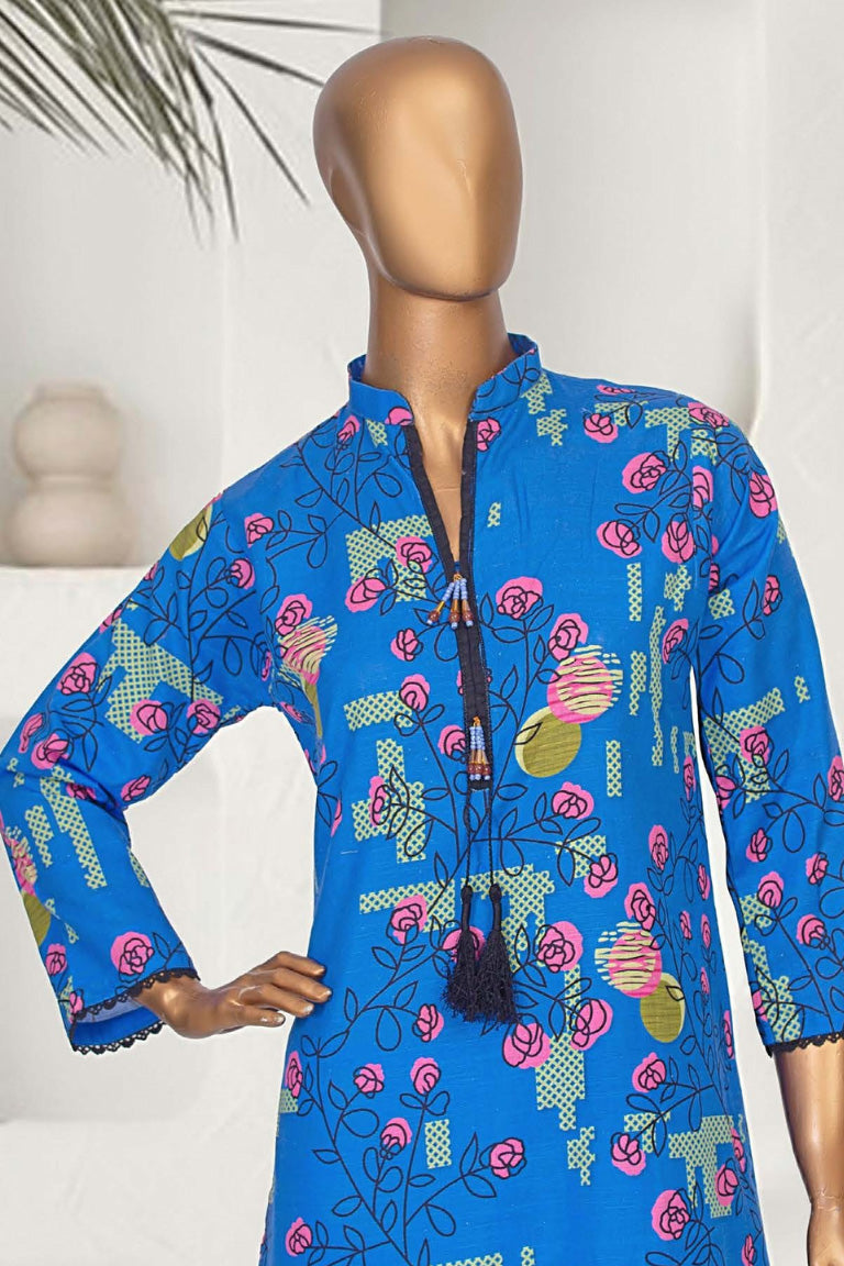 Floral Khaddar kurta in azure and blush, a stylish choice for Pakistani attire competing with StringnThread and Fabricoz.