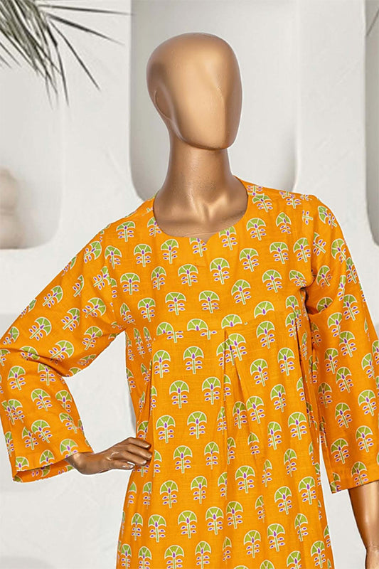 Vibrant Pakistani kurta set in saffron with green and blue embroidery, ideal for showcasing cultural pride at any occasion.