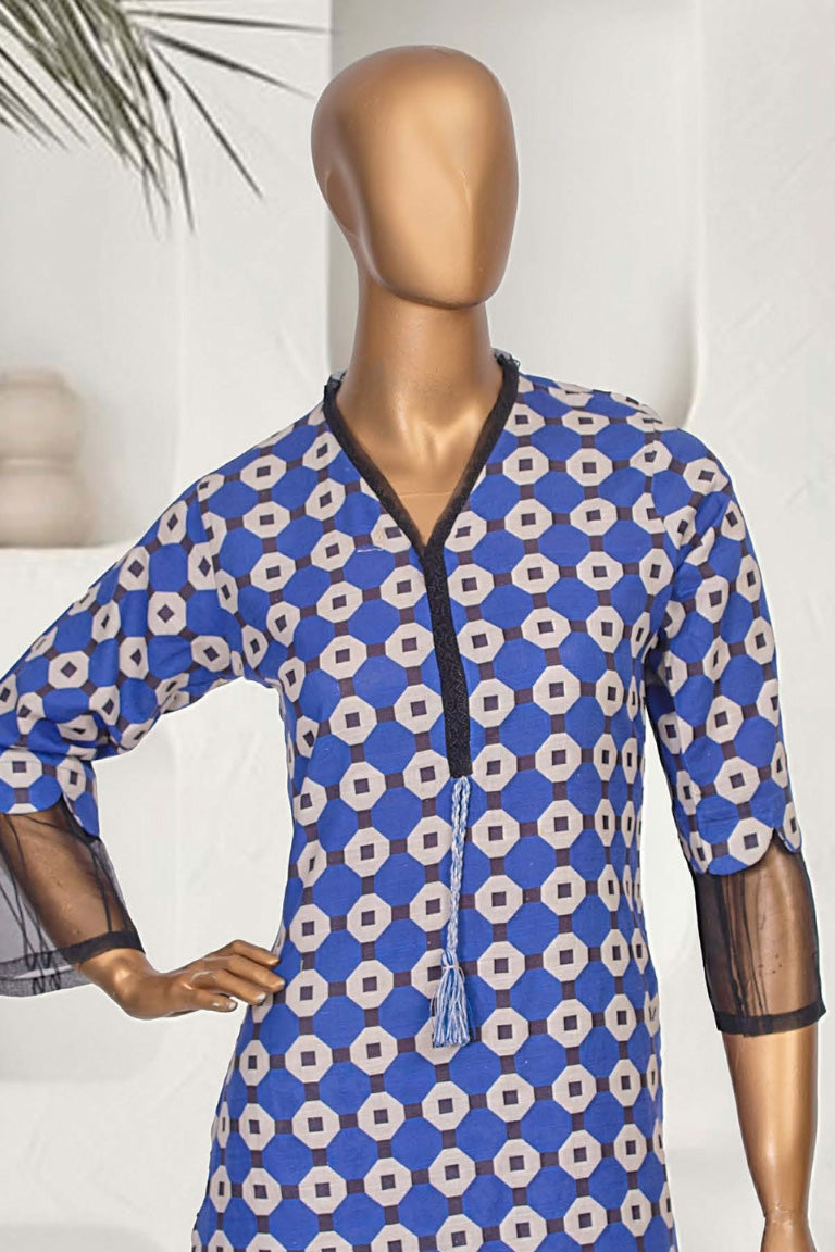 Elegant celestial blue geometric khaddar kurta set highlighting traditional Pakistani craftsmanship