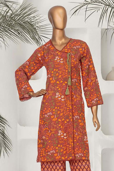 Terracotta and olive floral patterned khaddar kurta set for sophisticated Pakistani attire
