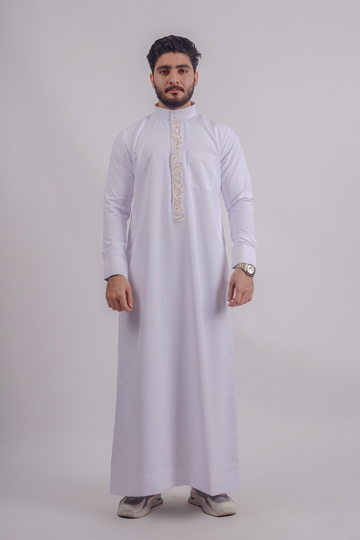 Find classic white Kandura by Aamsah, a sophisticated alternative to offerings from Alqamees and Shukr Clothing for formal and spiritual events.