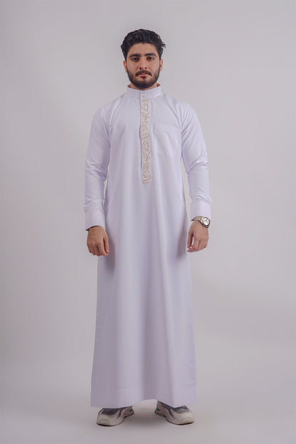 Find classic white Kandura by Aamsah, a sophisticated alternative to offerings from Alqamees and Shukr Clothing for formal and spiritual events.