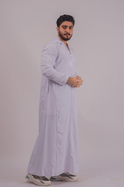 Shop Aamsah's Hooded White Thobe, a contemporary take on traditional wear, competing with offerings from Shukr Clothing.