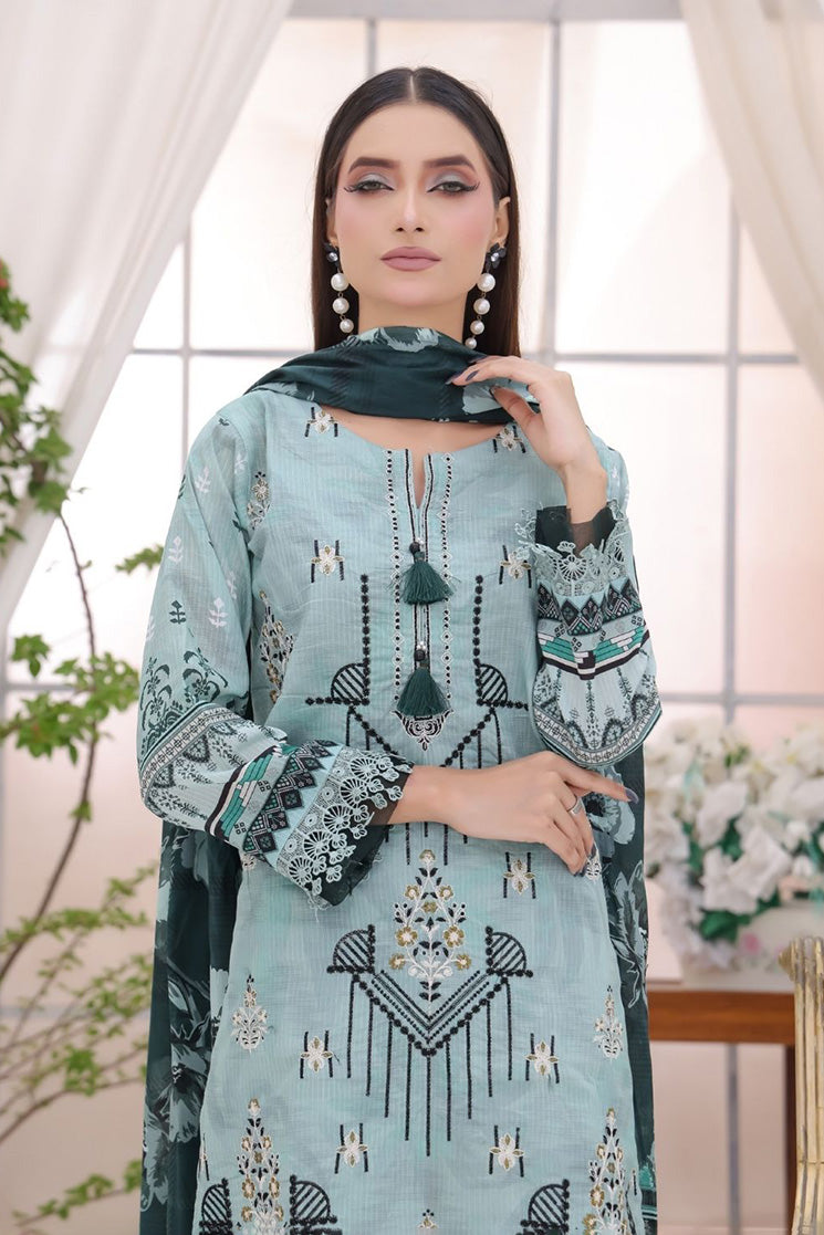 Misty Teal Bana Dora stitched suit back view with floral printed dupatta from Aamsah