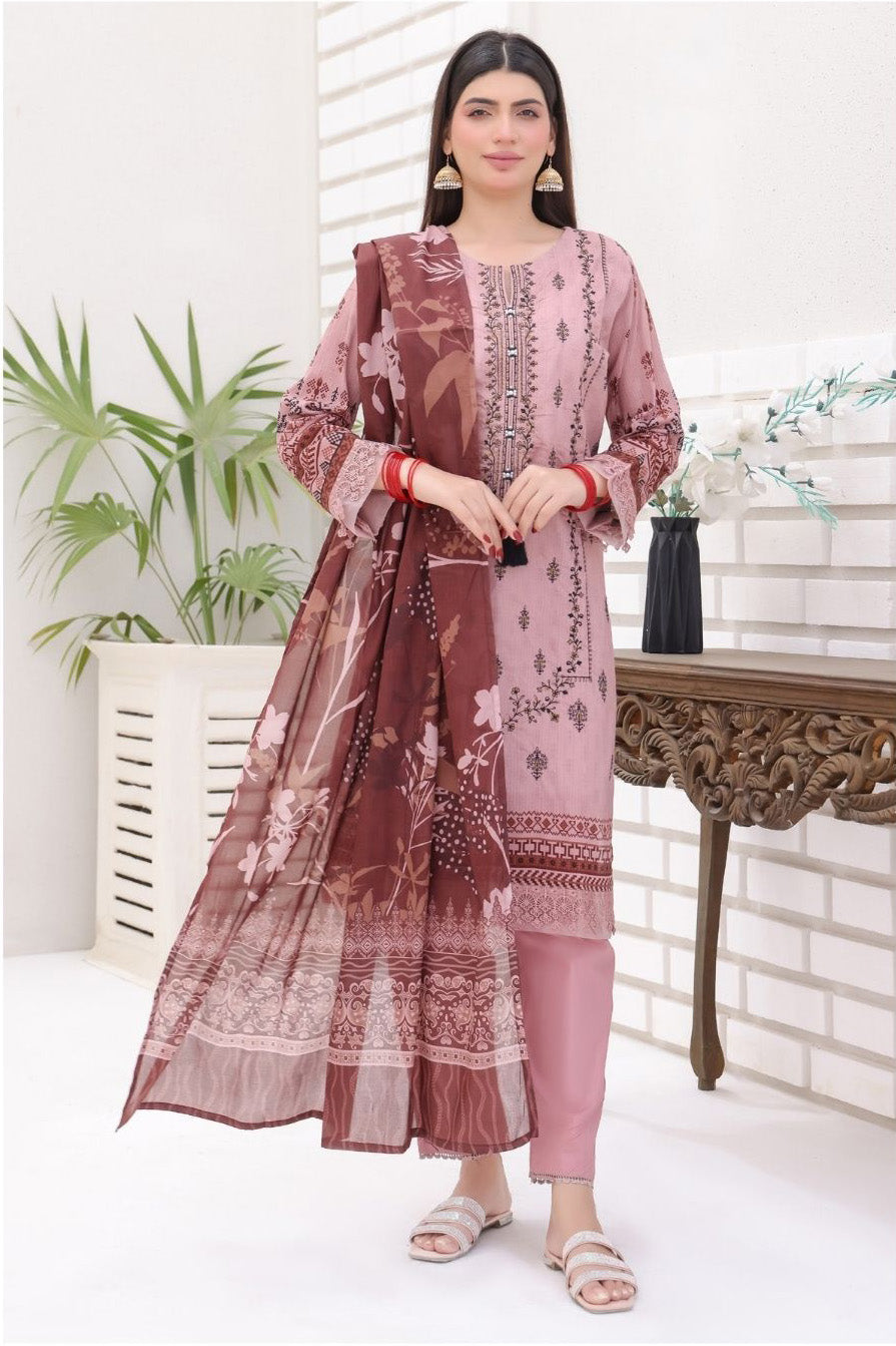 Pakistani stitched 3-piece lawn outfit in blush pink by Aamsah