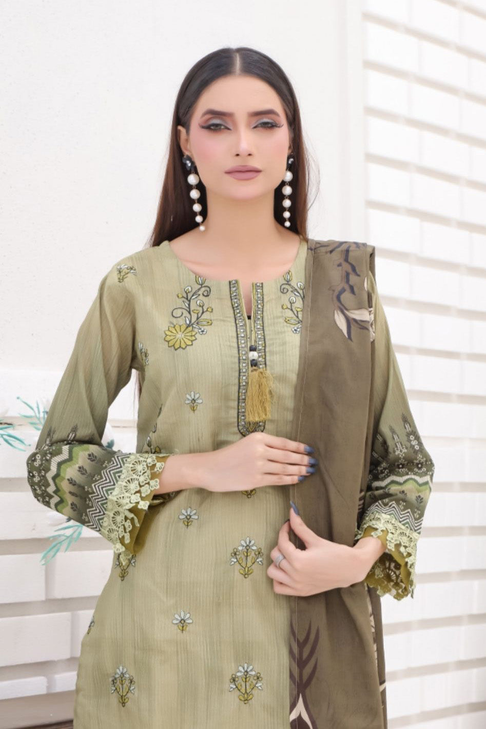 aamsah dusty olive bana dora embroidered lawn suit front view