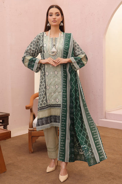 Pakistani Lawn Suit in Mint Sage with Emerald Green Embroidery and Tassel Neckline
