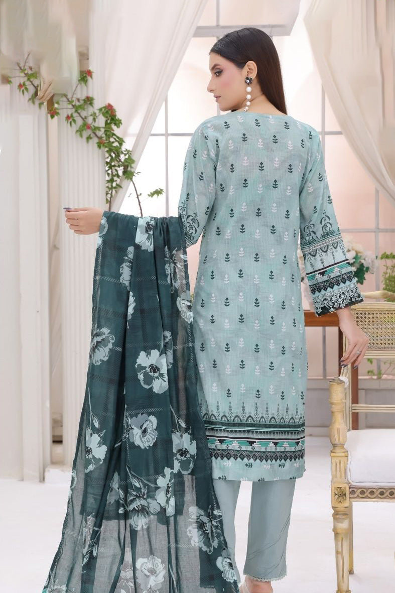 Pakistani women's stitched 3-piece Misty Teal lawn suit by Aamsah with printed dupatta.
