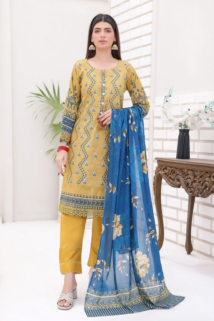 Aamsah Modest Fashion Mustard Blue Bana Dora Suit with Tassel Front and Printed Dupatta