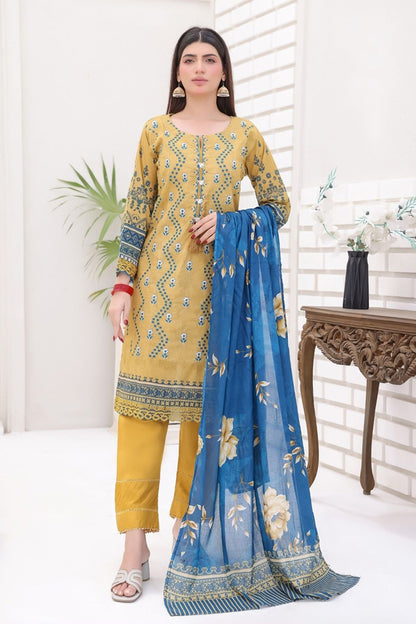 Aamsah Modest Fashion Mustard Blue Bana Dora Suit with Tassel Front and Printed Dupatta