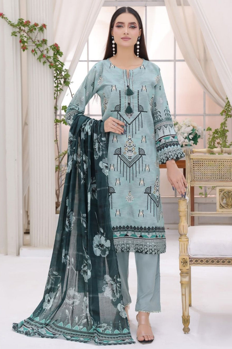 Elegant desi women's Misty Teal Bana Dora stitched kurta and straight pants full front shot.