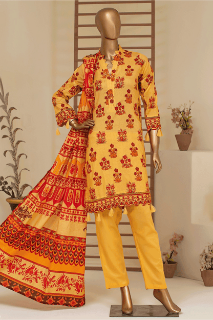 Full view of Aamsah's saffron gold floral cambric cotton salwar kameez with a decorative dupatta.