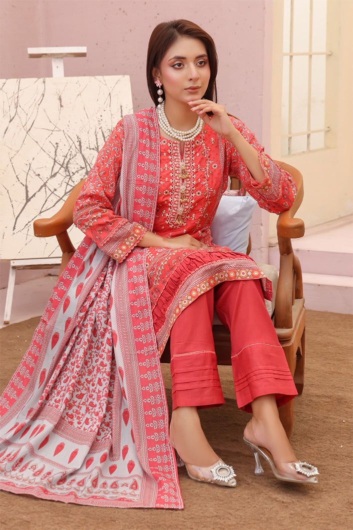 pakistani women stitched lawn dress coral pink with ivory dupatta