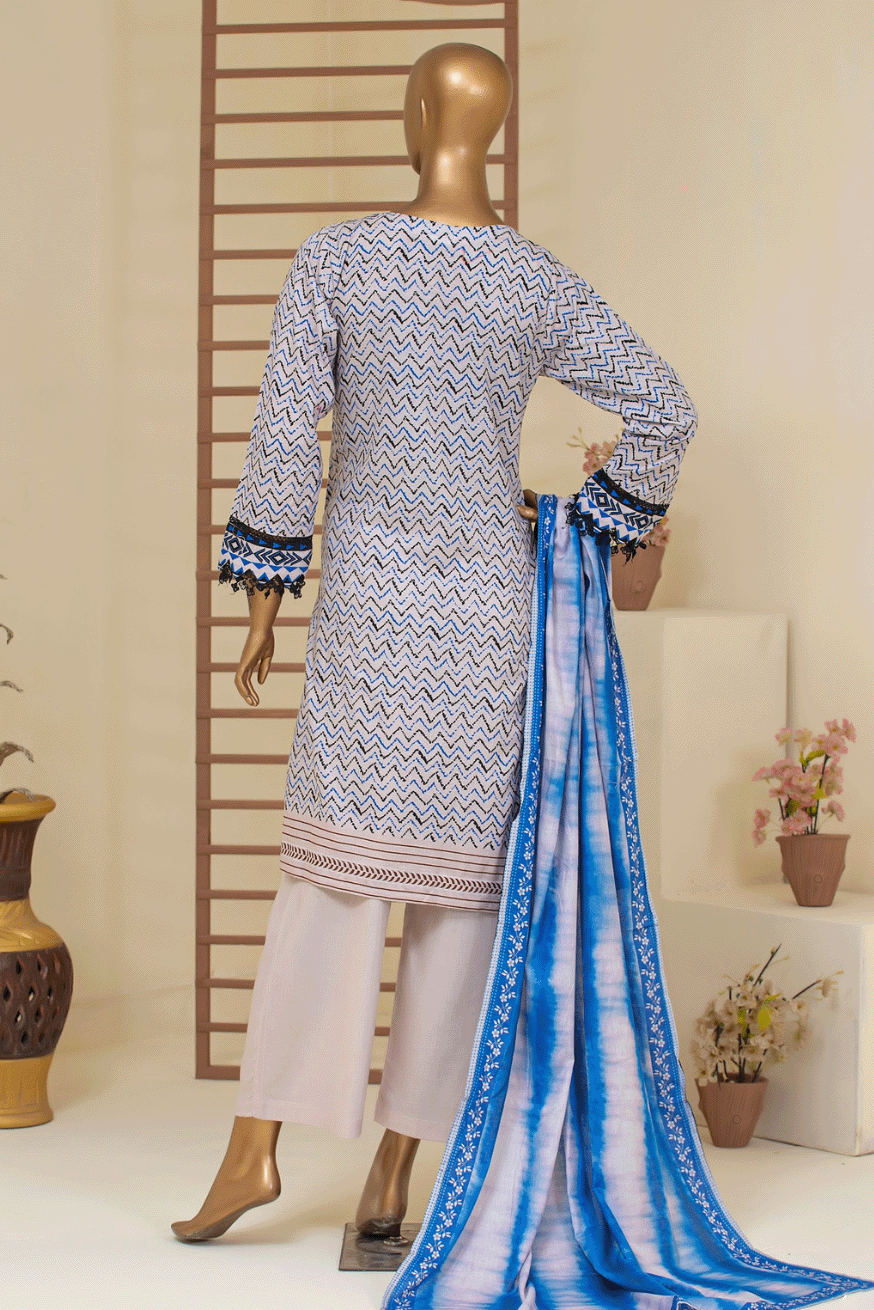 Light Blue Chevron 3-Piece Stitched Cambric Cotton Set by Aamsah with tie-dye dupatta and tailored white pants for spring fashion.