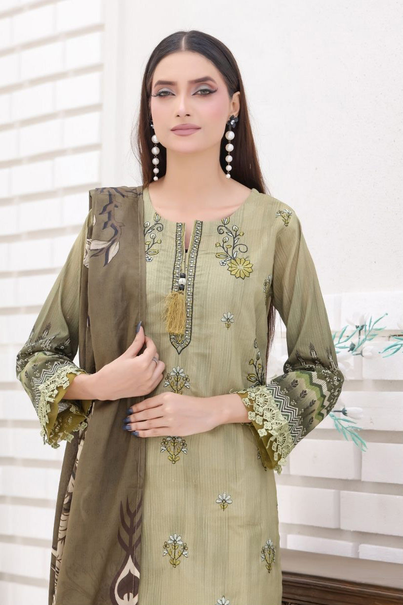 back view dusty olive embroidered lawn suit with floral dupatta