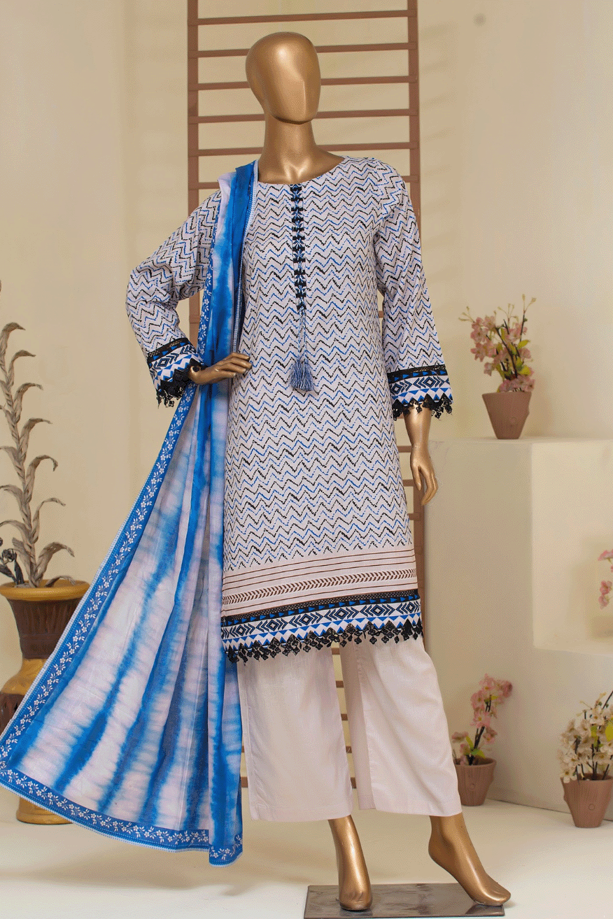 3-piece stitched cambric cotton light blue chevron print set featuring a tie-dye dupatta by Aamsah.