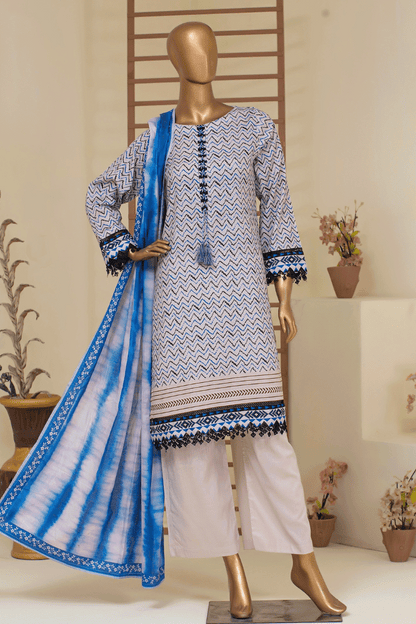3-piece stitched cambric cotton light blue chevron print set featuring a tie-dye dupatta by Aamsah.