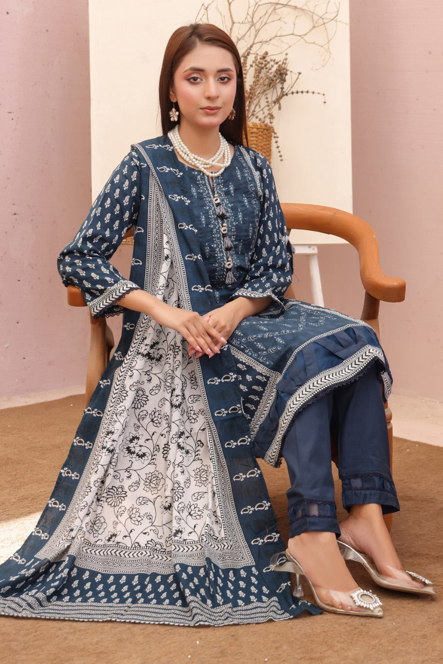 pakistani women stitched lawn dress in teal with ivory printed dupatta