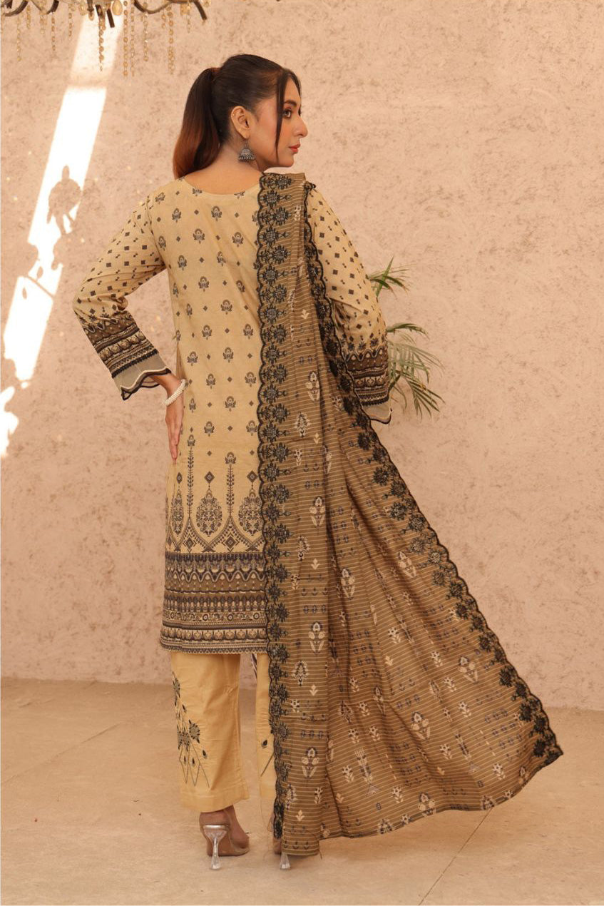 Sophisticated beige embroidered kurta and dupatta with geometric and floral patterns, capturing the essence of elegance, similar to Fabricoz and Sunecotess.