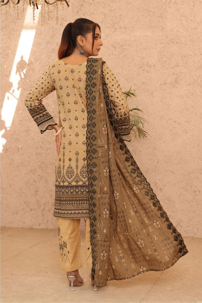 Sophisticated beige embroidered kurta and dupatta with geometric and floral patterns, capturing the essence of elegance, similar to Fabricoz and Sunecotess.