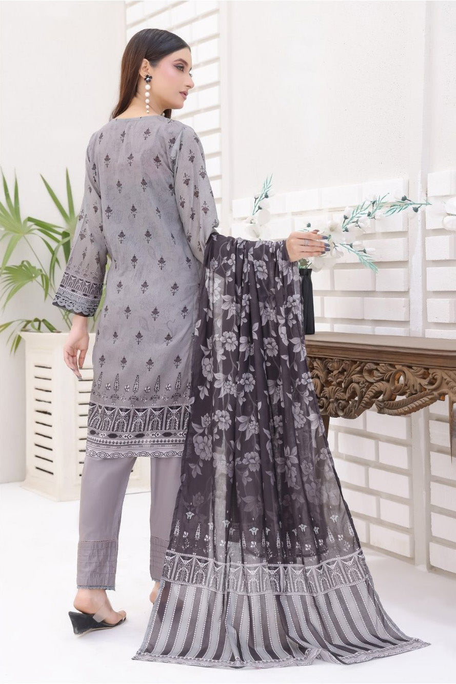 Aamsah Ash Grey Bana Dora Suit for Pakistani Women - 3-Piece Embroidered Outfit
