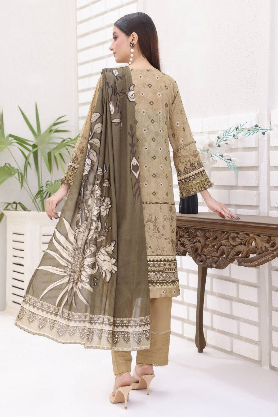 Aamsah Bana Dora Beige Khaki Embroidered 3-Piece Suit with Elegant Tassel Front and Printed Dupatta