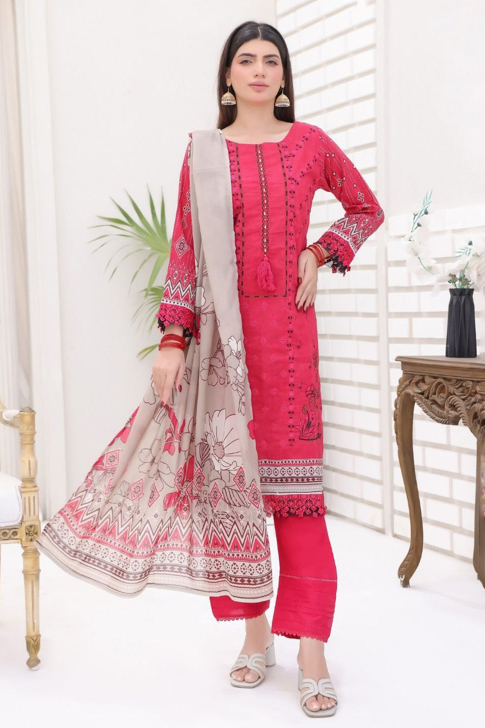 Aamsah Bana Dora Deep Rose Embroidered 3-Piece Suit with Tassel Neckline
