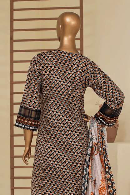 Onyx black and autumn orange cambric cotton 3-piece outfit by Aamsah, blending modest fashion with stylish prints.