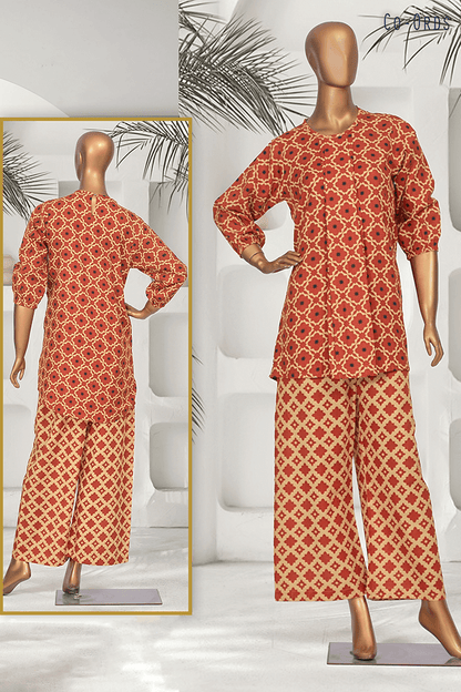Stylish modest fashion red Khaddar 2-piece winter set for women, including a printed kurta and matching wide-leg pants by Aamsah.