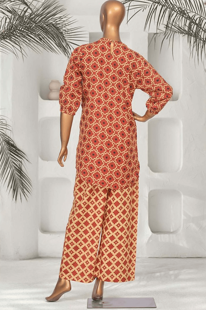 Red Khaddar 2-piece co-ords set for women by Aamsah, featuring a geometric printed kurta and wide-leg pants, perfect for modest winter fashion.