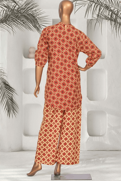Red Khaddar 2-piece co-ords set for women by Aamsah, featuring a geometric printed kurta and wide-leg pants, perfect for modest winter fashion.