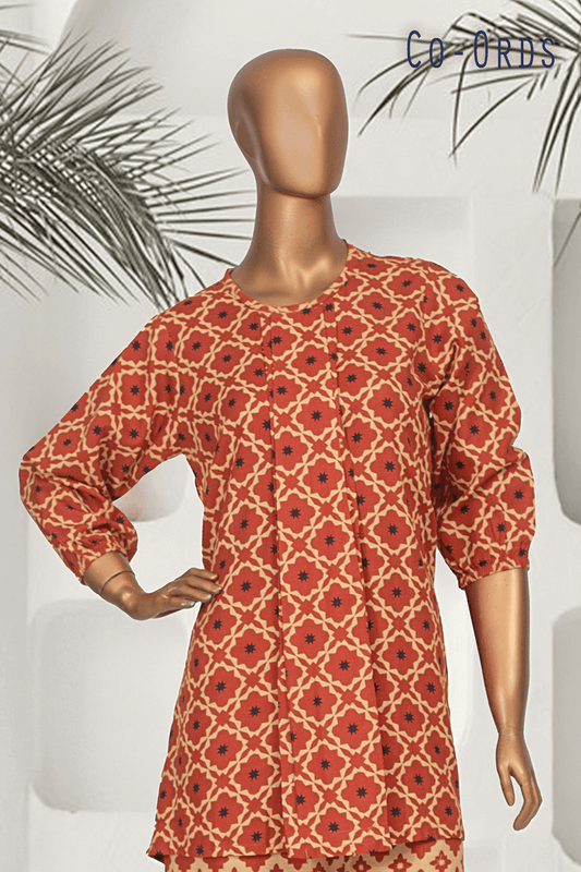 Women’s modest muslim fashion red printed Khaddar co-ords set for winter wear, designed by Aamsah for a trendy and comfortable look.