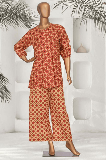 Red and beige geometric print Khaddar co-ords set for women, ideal for casual and semi-formal winter wear, crafted by Aamsah.