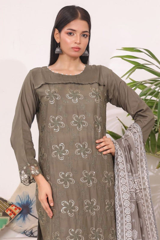 Olive Dusk 3-Piece Pakistani Chikan Kari Suit – Aamsah Women Outfits Online USA