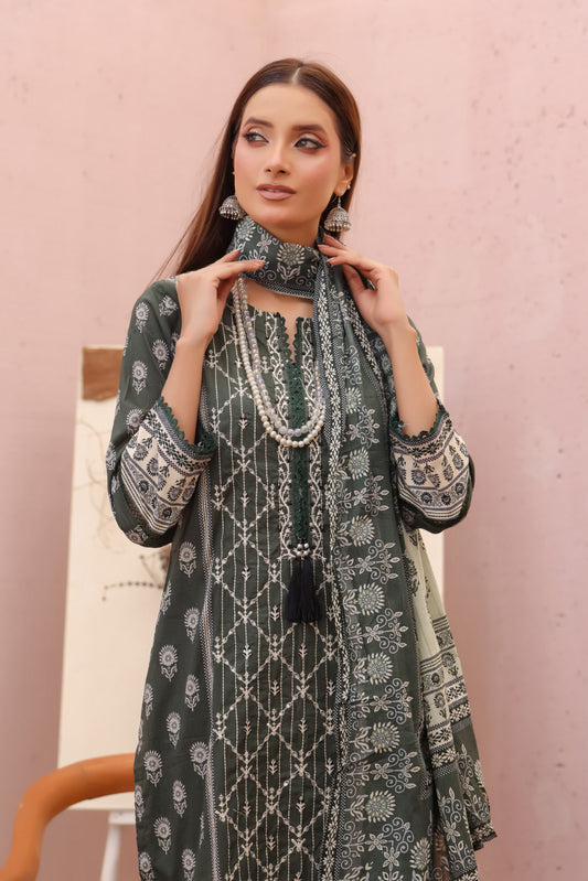 Olive green embroidered Pakistani stitched 3-piece suit front view.