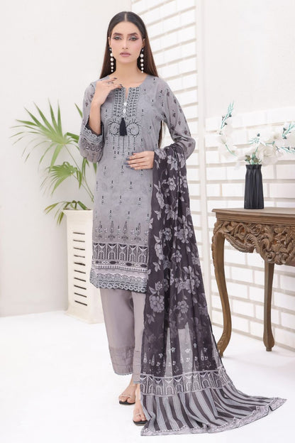 Pakistani Modest Fashion Ash Grey Bana Dora Embroidered Kurta with Dark Printed Dupatta