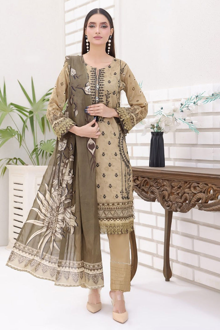 Pakistani Modest Fashion Bana Dora Beige Khaki Kurta with Floral Printed Dupatta by Aamsah